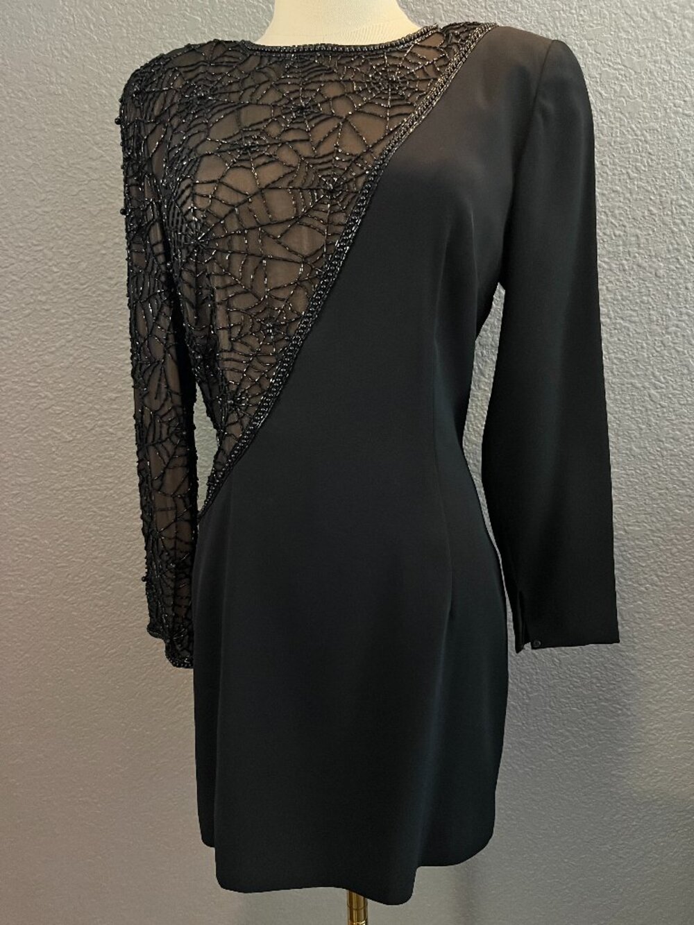 80's Oleg Cassini Black Tie Neiman Marcus Silk Beaded Spiderweb Cocktail Dress